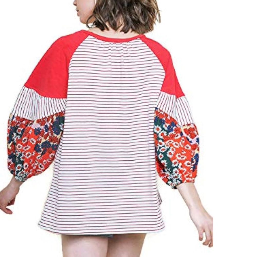 Umgee Cottagecore Patchwork Mixed Striped Floral Balloon Sleeve Top - Picture 2 of 6